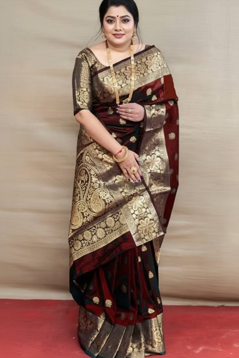 Maroon Banarasi Silk Saree - Full front drape view