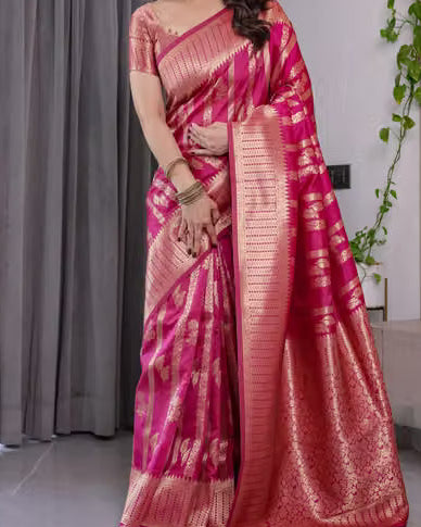 Model wearing pink Banarasi silk saree with gold zari - back view showing pallu