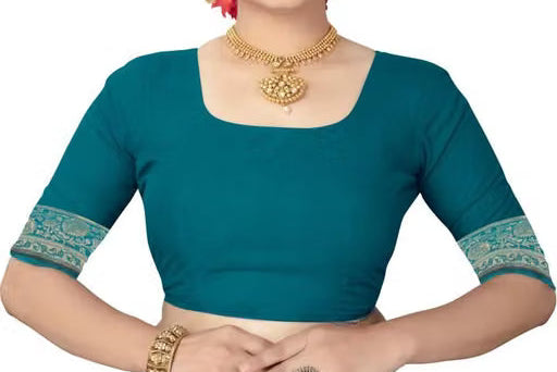 Teal Banarasi Silk Saree - Model close-up showing teal blouse with silver zari sleeve border