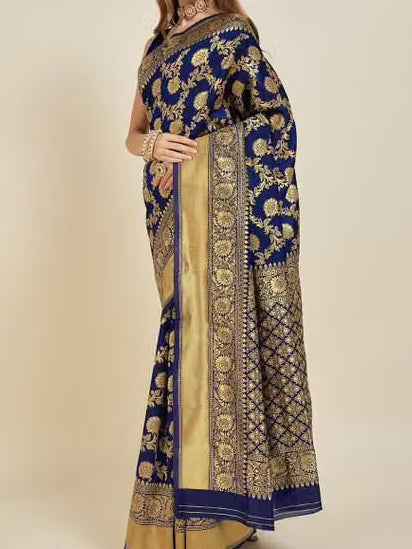 Navy Blue Banarasi Silk Saree - Front view