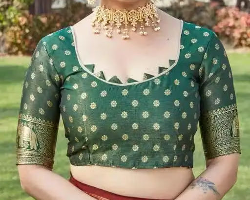 Yellow Patola Silk Saree - Green brocade blouse close-up