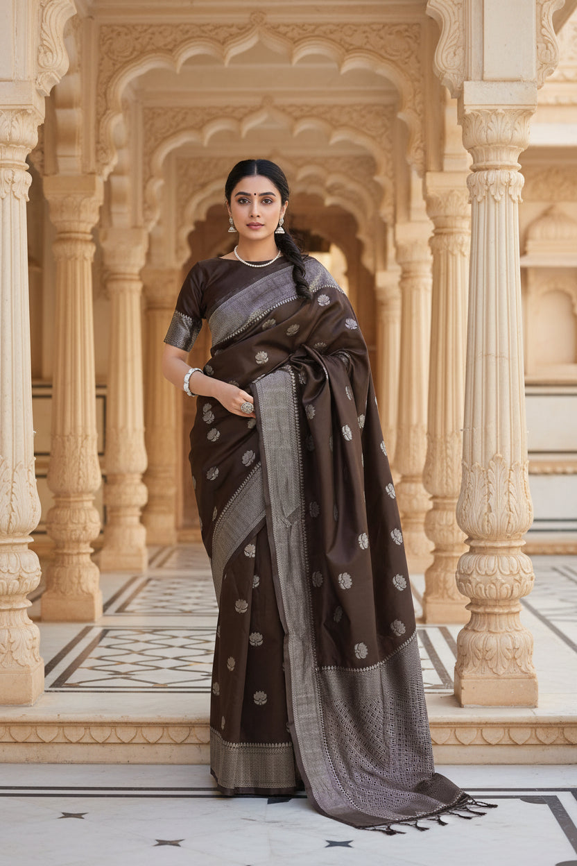 Dark brown Banarasi silk saree full drape view