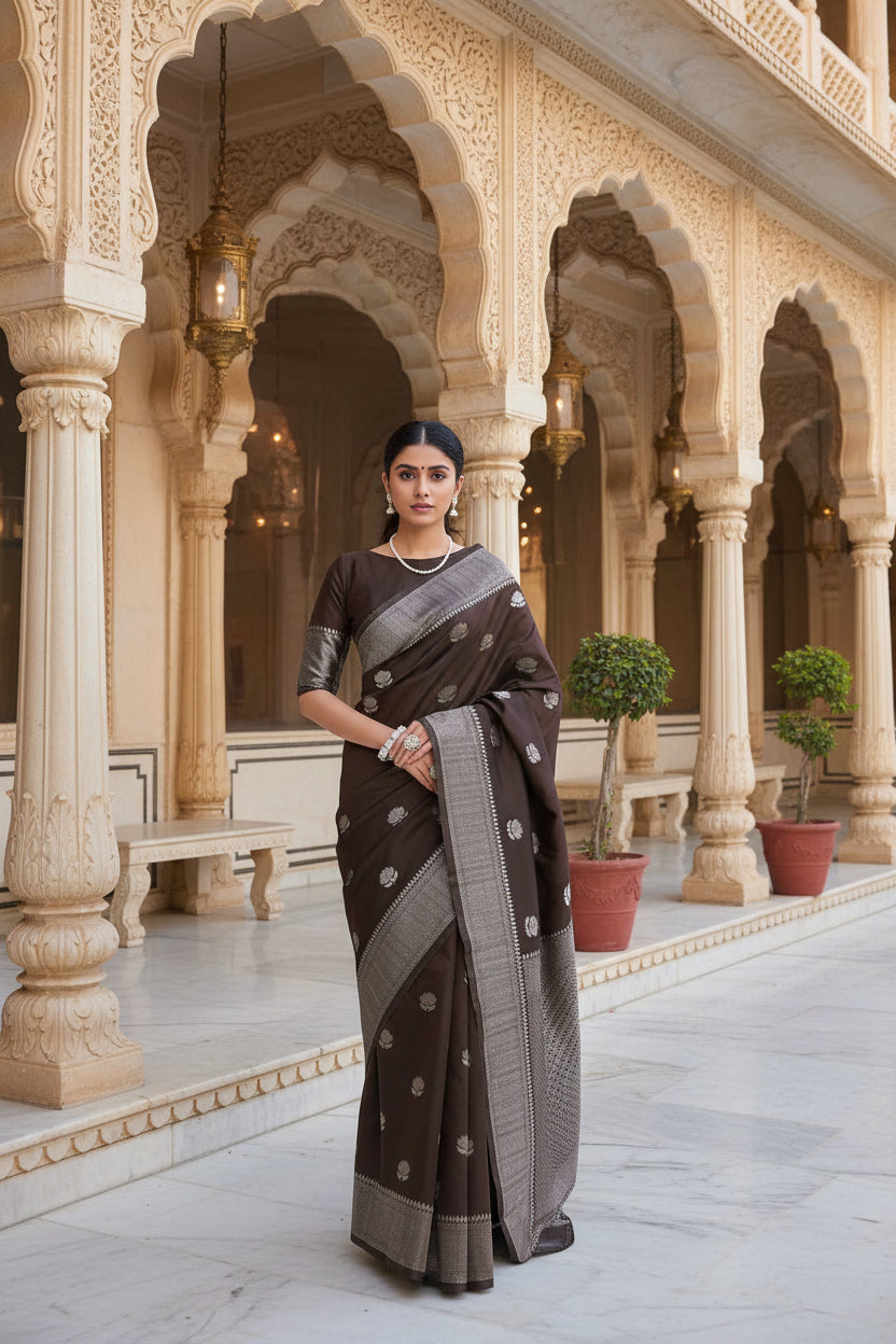 Dark brown Banarasi saree pallu drape view
