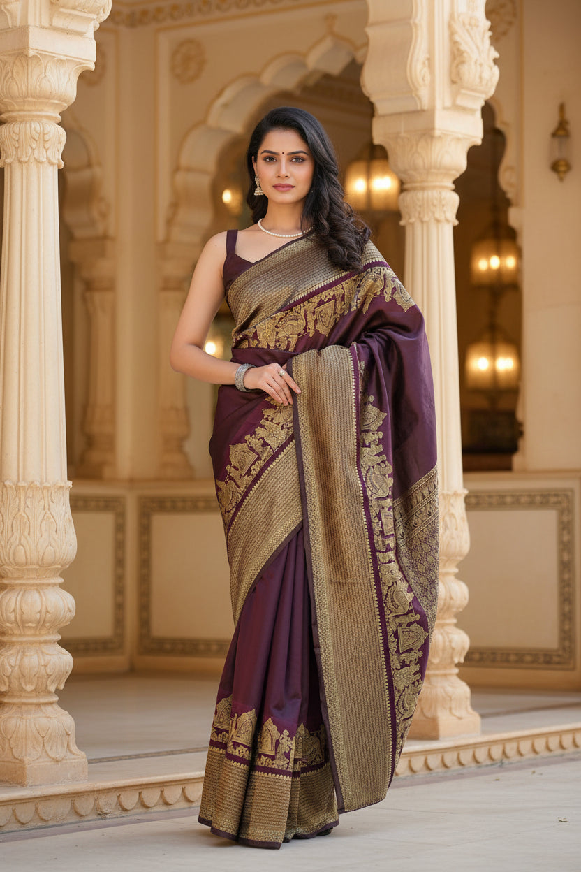 Wine Purple Kanjipuram Silk Saree with Antique Gold Zari Temple Border