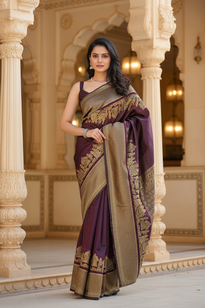 Wine Purple Kanjipuram Silk Saree with Antique Gold Zari Temple Border