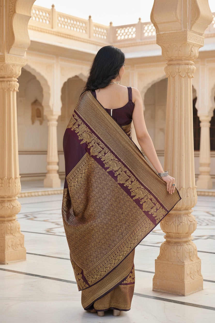 Wine Purple Kanjipuram Silk Saree with Antique Gold Zari Temple Border