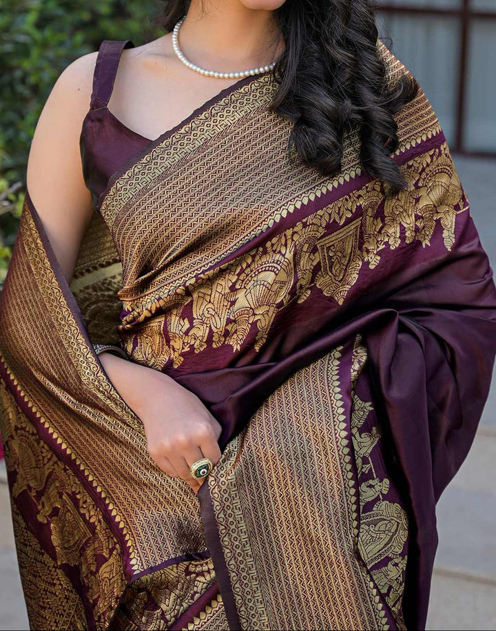 Wine Purple Kanjipuram Silk Saree with Antique Gold Zari Temple Border