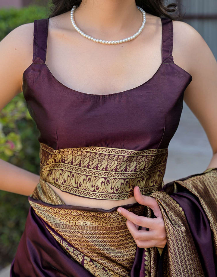 Wine Purple Kanjipuram Silk Saree with Antique Gold Zari Temple Border