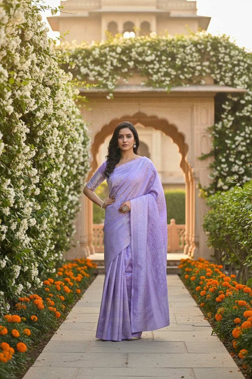 Lavender Banarasi Silk Saree with Self-Tone Silver Zari Weave