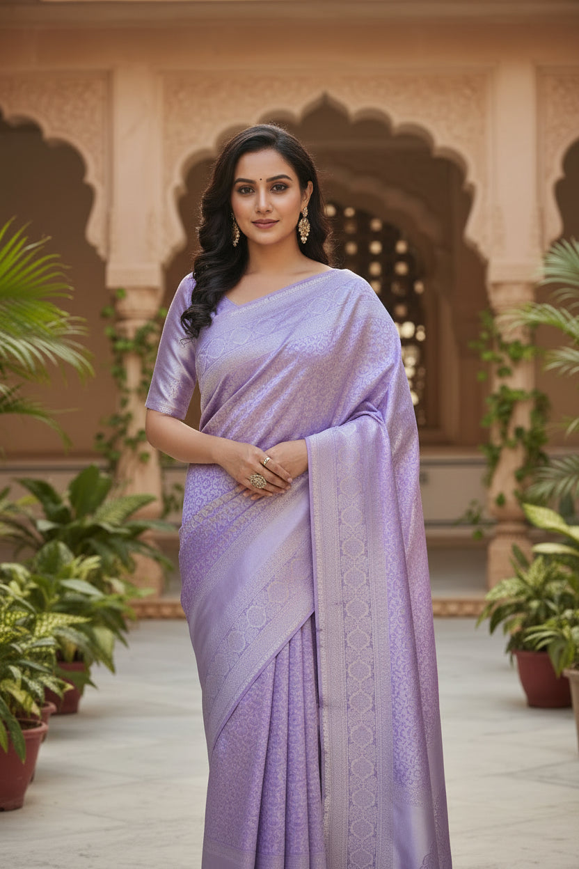 Lavender Banarasi Silk Saree with Self-Tone Silver Zari Weave