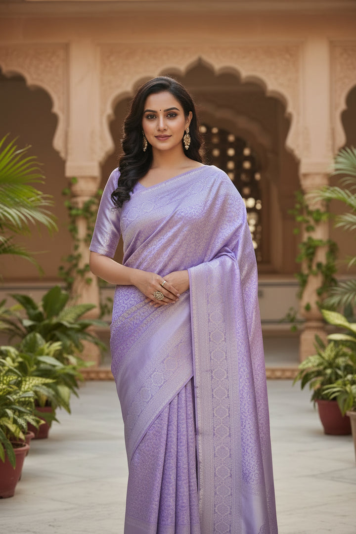 Lavender Banarasi Silk Saree with Self-Tone Silver Zari Weave