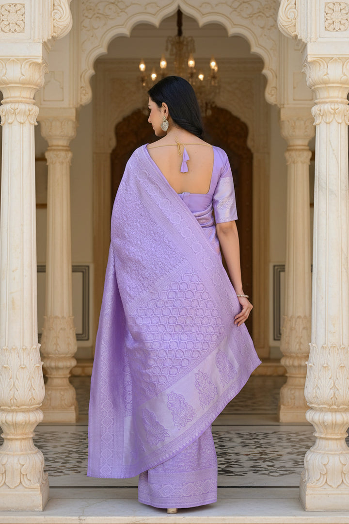 Lavender Banarasi Silk Saree with Self-Tone Silver Zari Weave