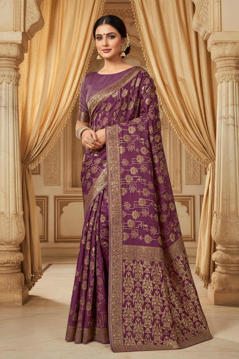 Full front view of model in wine purple Banarasi silk saree with gold zari sunflower vine buttas and antique gold border