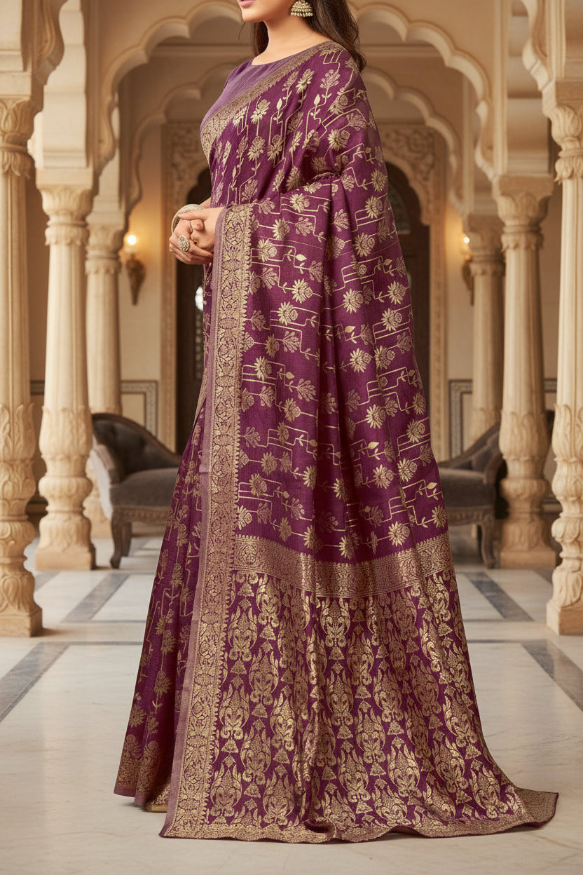 Back view of model in wine purple Banarasi silk saree showing dense gold zari floral jaal pallu and open back blouse