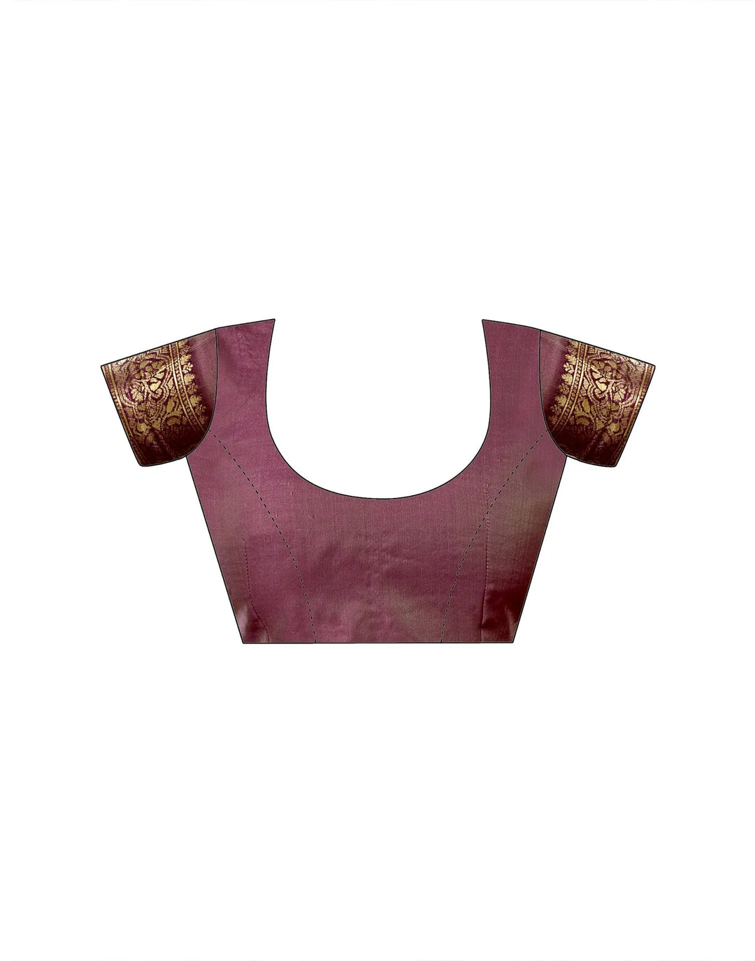 Seated close-up of model in wine purple Banarasi silk saree showing gold zari sunflower vine buttas and border detail