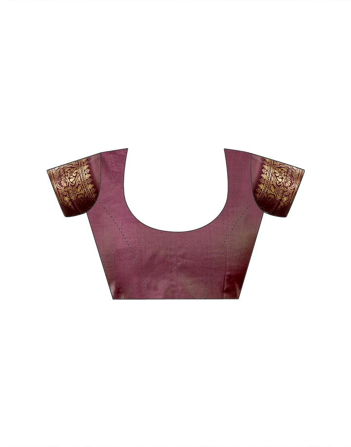 Seated close-up of model in wine purple Banarasi silk saree showing gold zari sunflower vine buttas and border detail