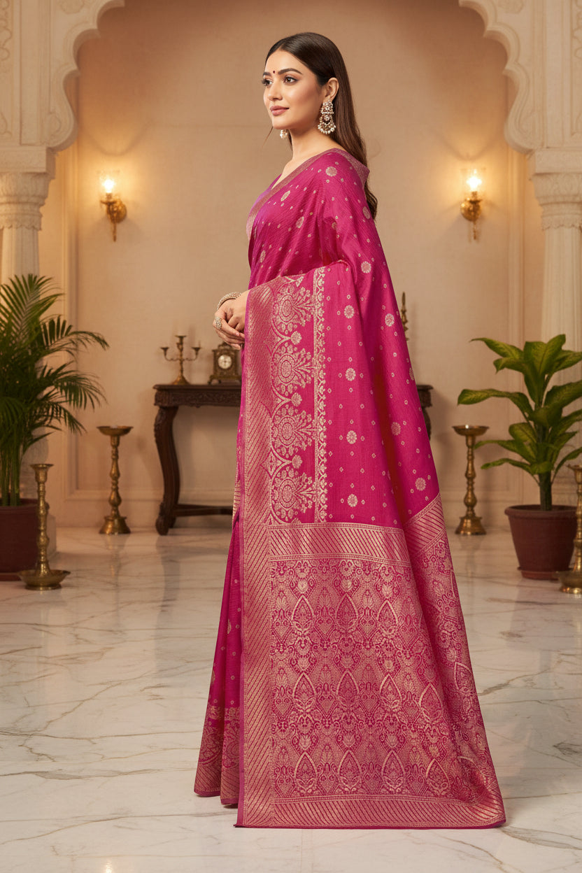 Back view of model in magenta Banarasi silk saree showing open back blouse and grand gold zari arch pallu