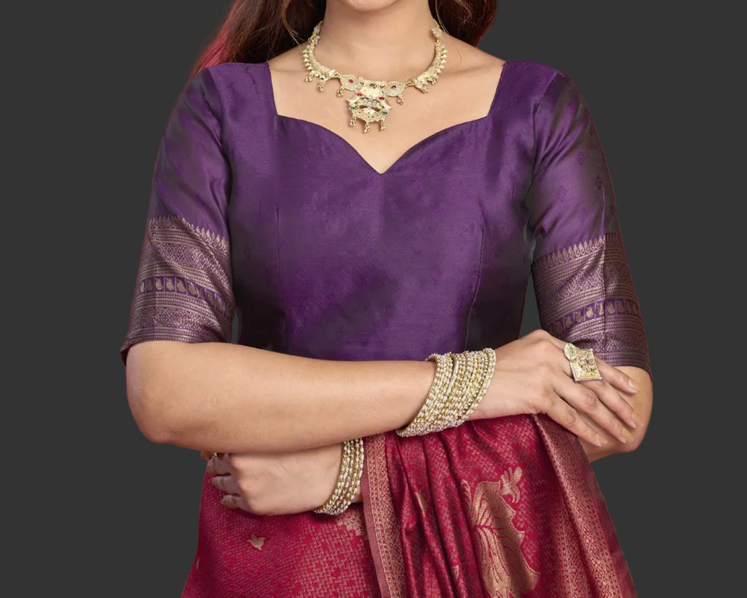 Crimson Banarasi Silk Saree with Purple Checkered Zari Pallu &amp; Purple Blouse
