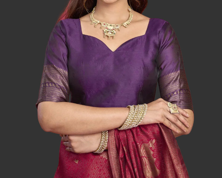 Crimson Banarasi Silk Saree with Purple Checkered Zari Pallu &amp; Purple Blouse