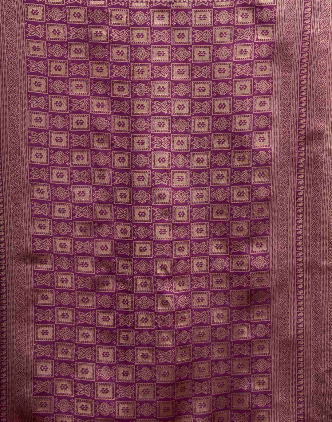 Crimson Banarasi Silk Saree with Purple Checkered Zari Pallu &amp; Purple Blouse