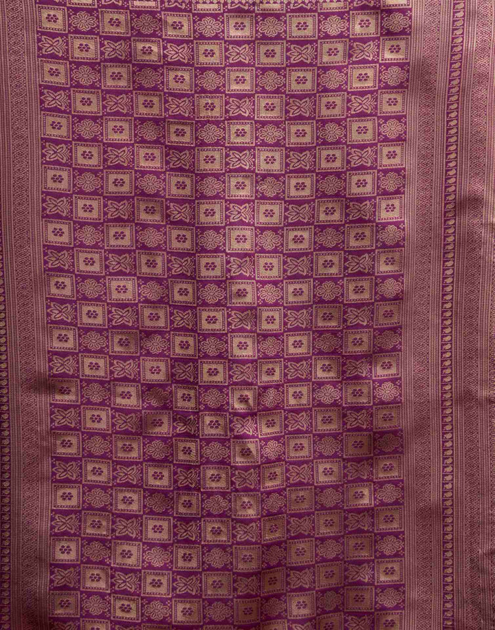 Crimson Banarasi Silk Saree with Purple Checkered Zari Pallu &amp; Purple Blouse