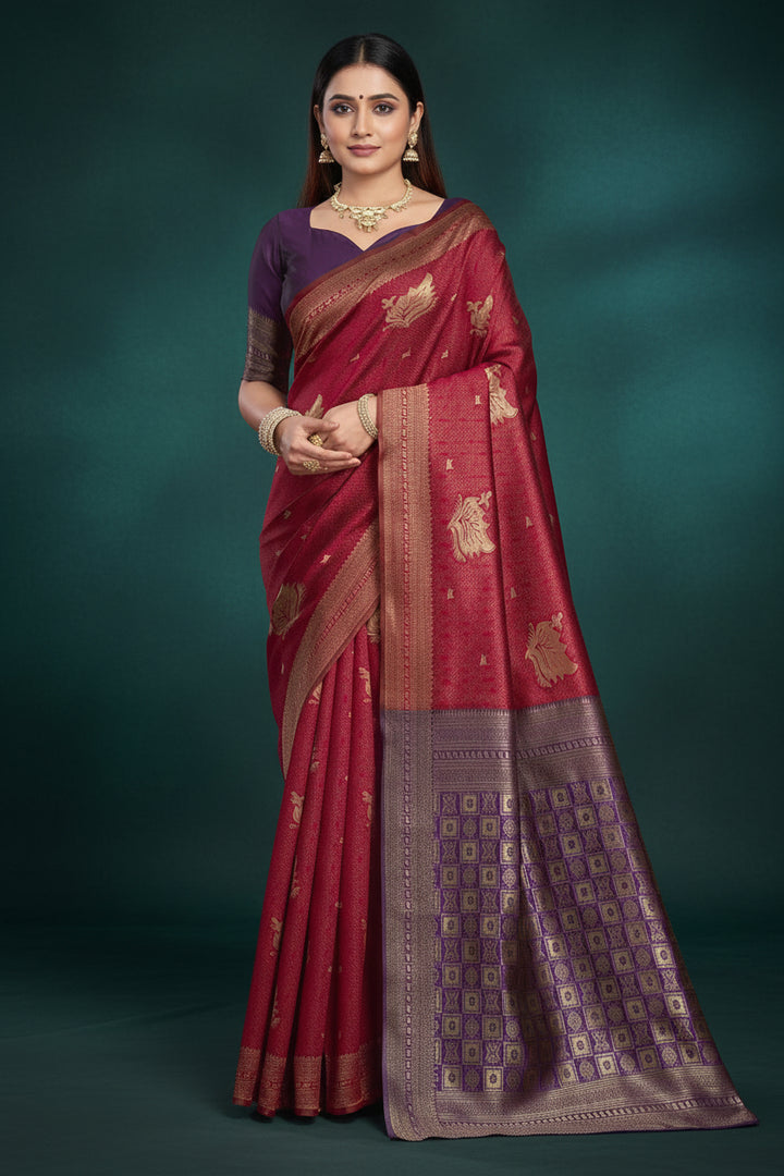 Crimson Banarasi Silk Saree with Purple Checkered Zari Pallu &amp; Purple Blouse