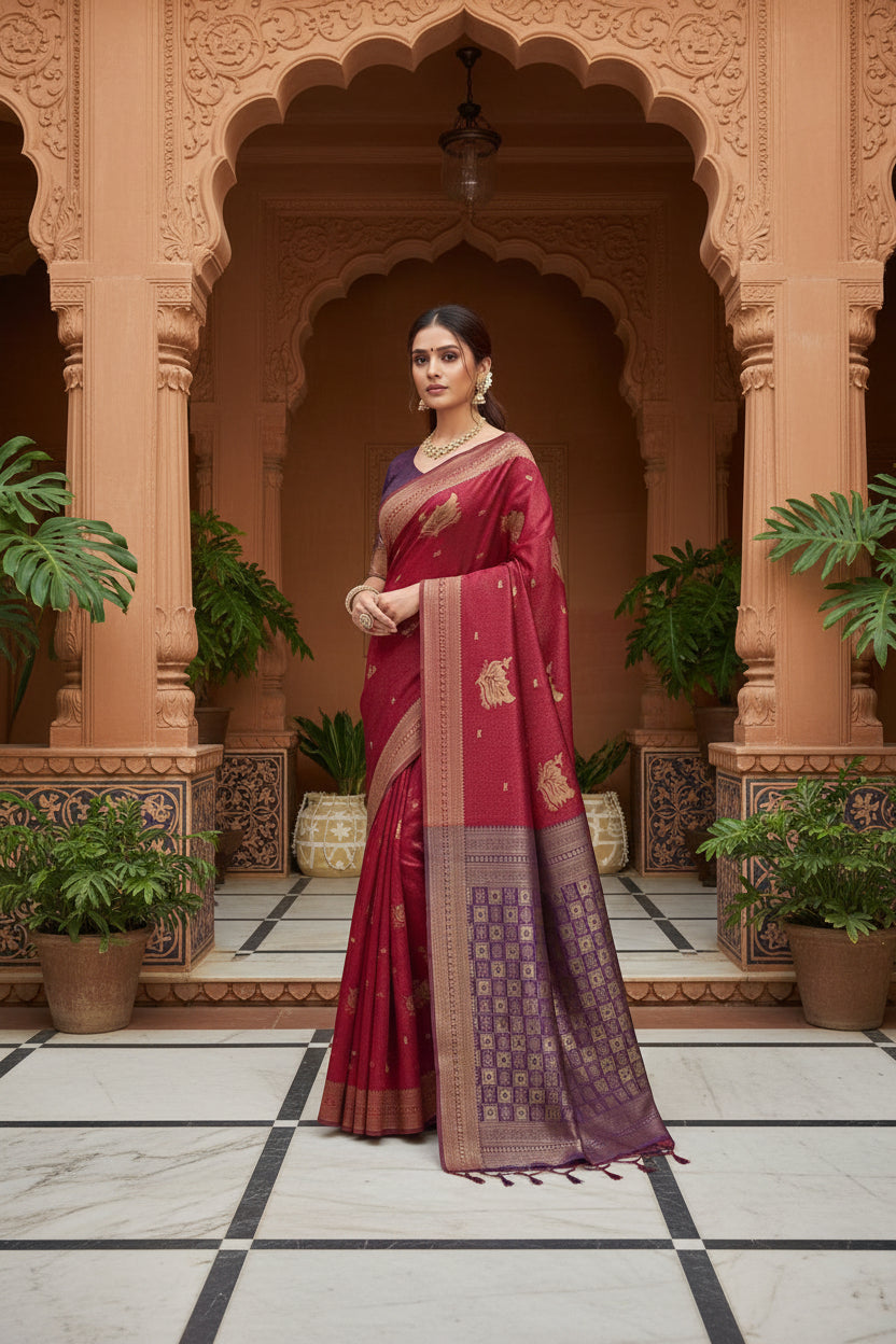 Crimson Banarasi Silk Saree with Purple Checkered Zari Pallu &amp; Purple Blouse