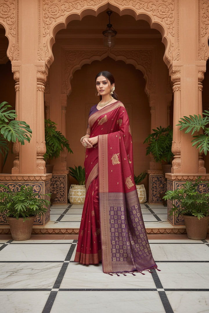 Crimson Banarasi Silk Saree with Purple Checkered Zari Pallu &amp; Purple Blouse