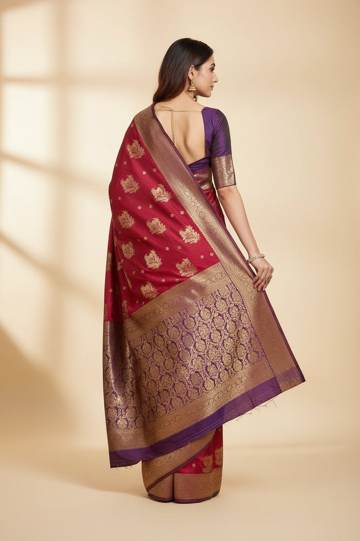 Crimson Banarasi Silk Saree with Purple Checkered Zari Pallu &amp; Purple Blouse