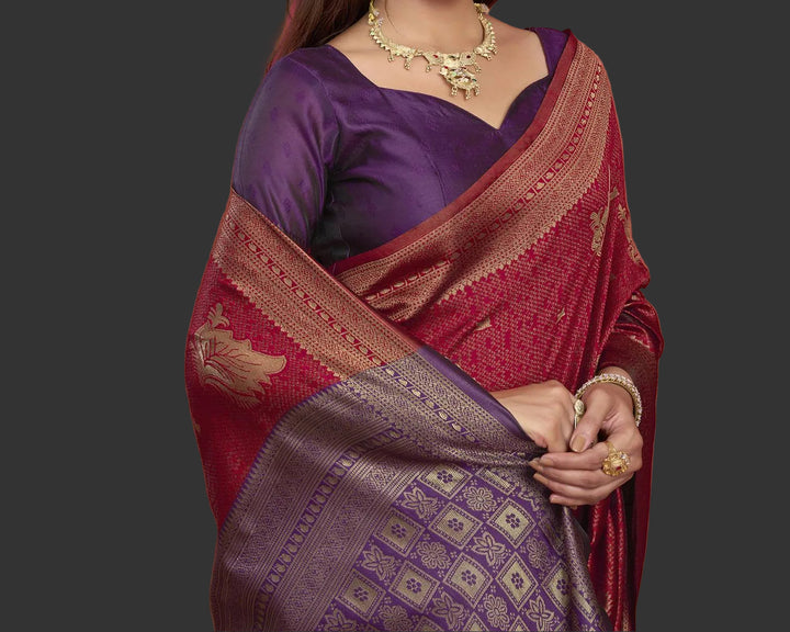 Crimson Banarasi Silk Saree with Purple Checkered Zari Pallu &amp; Purple Blouse