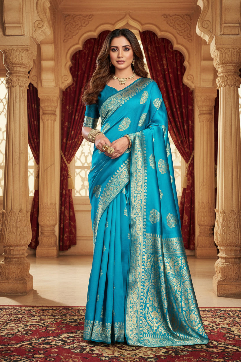 Close-up portrait of model in cerulean blue Banarasi silk blouse with gold zari lotus sleeve border and sweetheart neck