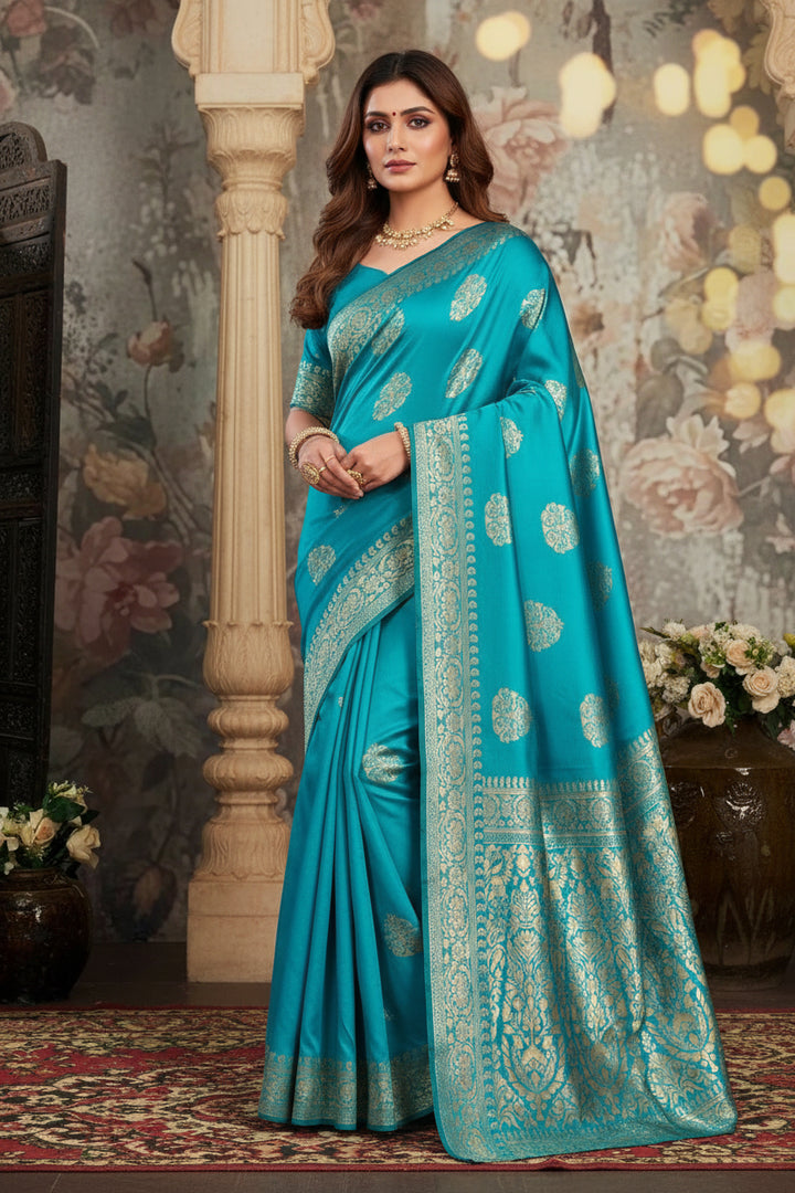 Close-up flat lay of cerulean blue Banarasi silk saree showing dense all-over gold zari floral jaal weave