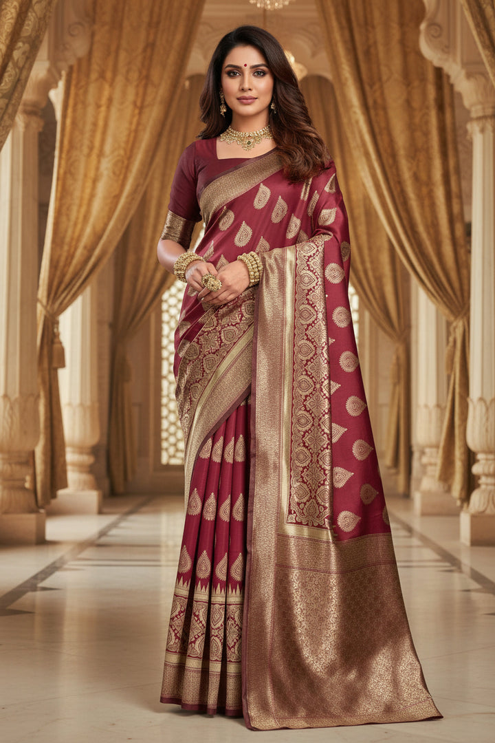 Flat lay close-up of maroon Banarasi silk saree pallu showing dense all-over antique gold zari floral and paisley jaal weave