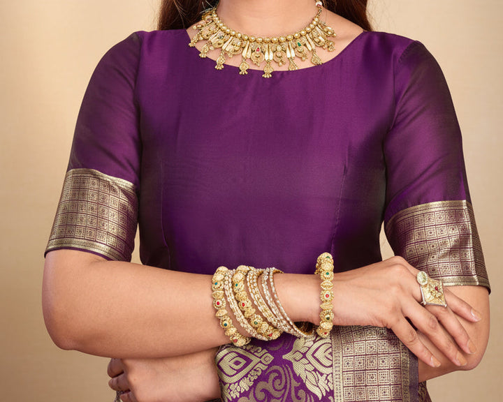 Purple Banarasi Silk Saree - Front close-up with gold zari blouse