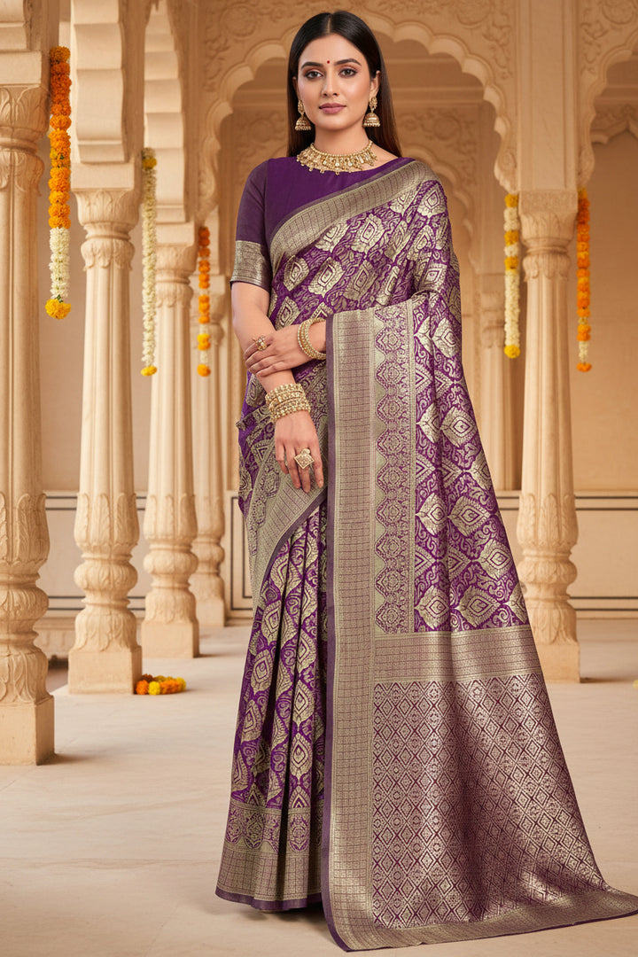 Purple Banarasi Silk Saree - Full front drape view