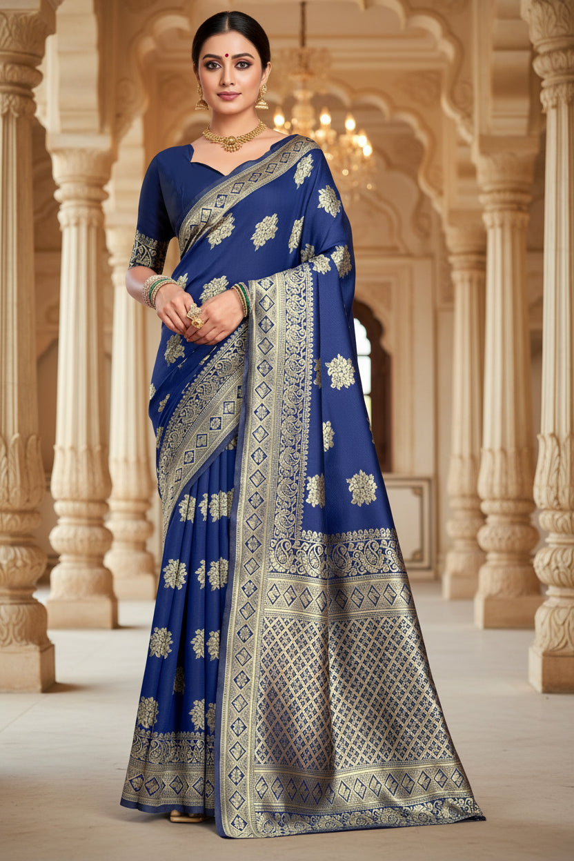 Full front view of model in royal blue Banarasi silk saree with gold zari floral buttas