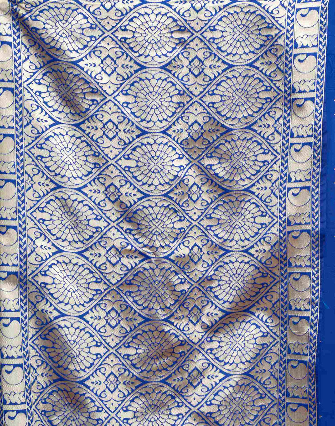 Side portrait of model in royal blue Banarasi silk saree with gold zari shell buttas and gold choker necklace