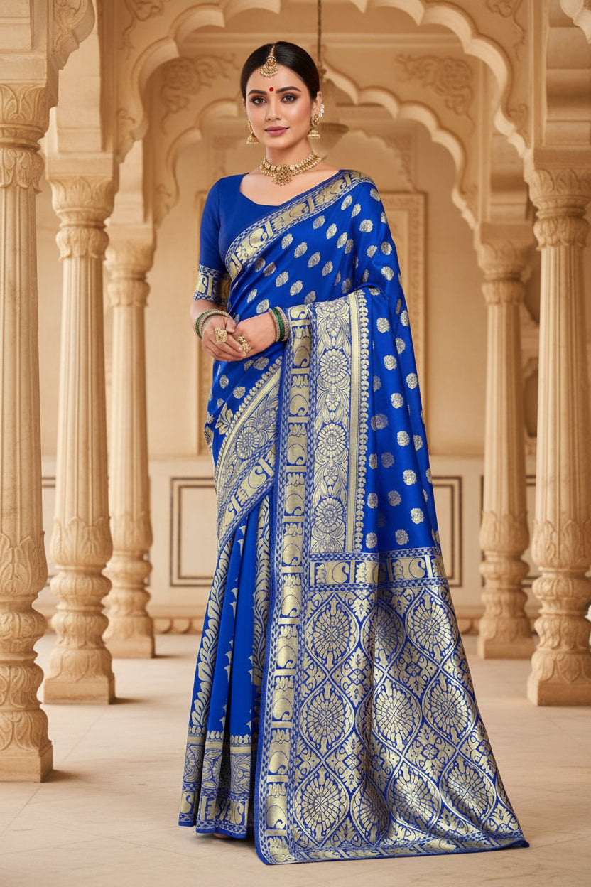 Side profile of model in royal blue Banarasi silk saree showing drape and grand antique gold diamond jaal pallu