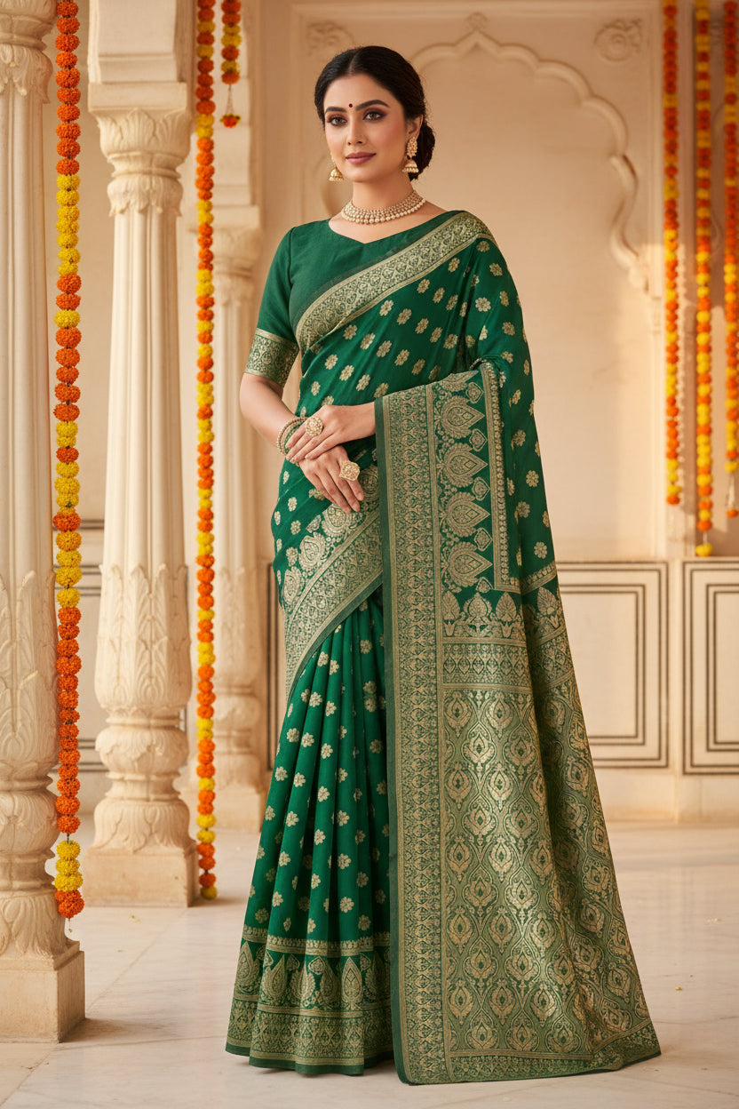 Side profile view of model in bottle green Banarasi silk saree showing gold zari daisy buttas and grand diamond jaal pallu