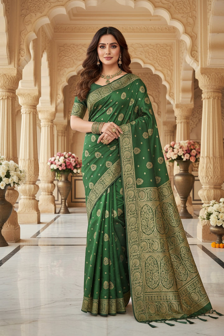 Model leaning against wall in bottle green Banarasi silk saree with gold zari border