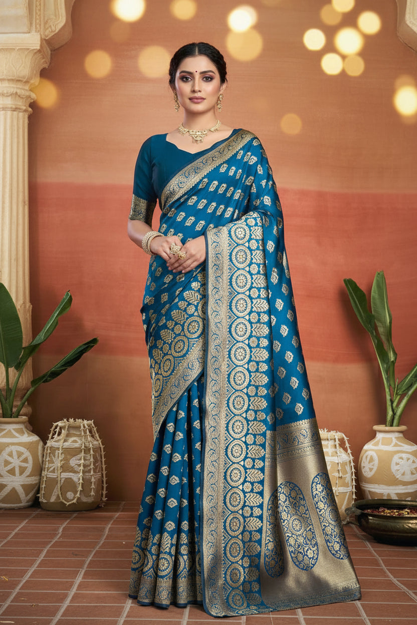 Side profile of model in peacock blue Banarasi silk saree showing drape and pallu detail