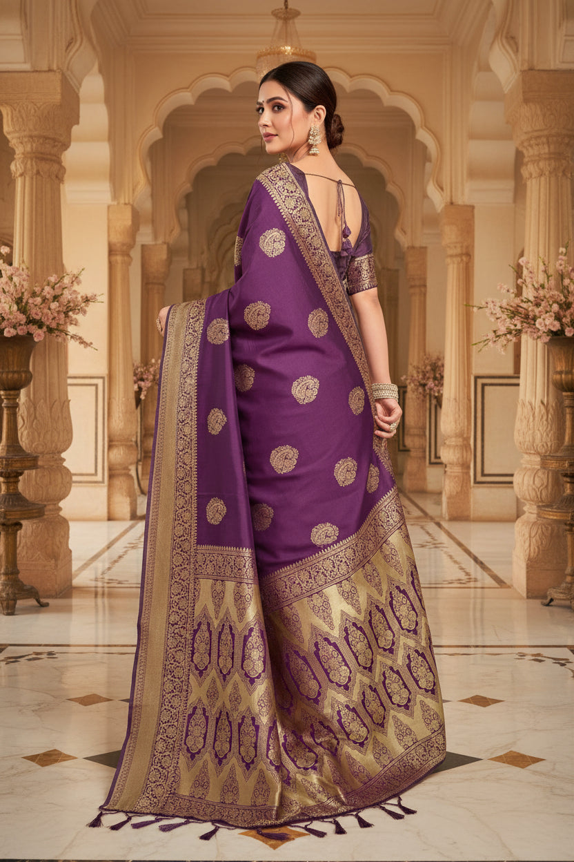 Back view of model in deep purple Banarasi silk saree showing large gold zari oval buttas and antique gold arch pallu
