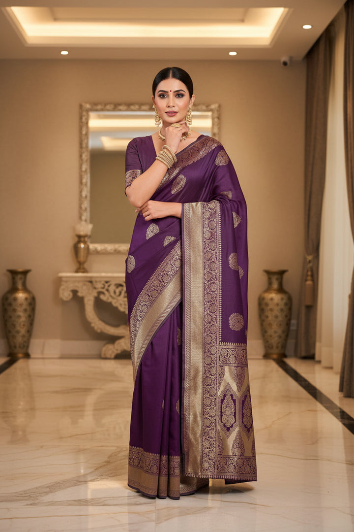 Model leaning against terracotta wall in deep purple Banarasi silk saree showing gold zari pallu drape