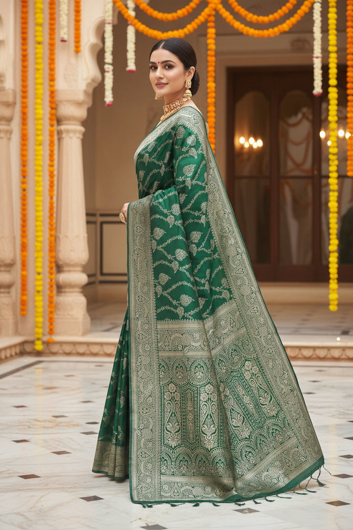 Emerald green Banarasi silk saree - blouse close-up with silver zari border