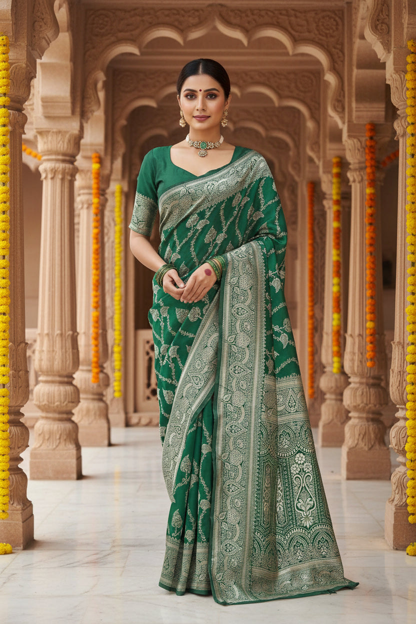 Close-up of silver zari jaal weave and pallu detail on emerald green saree