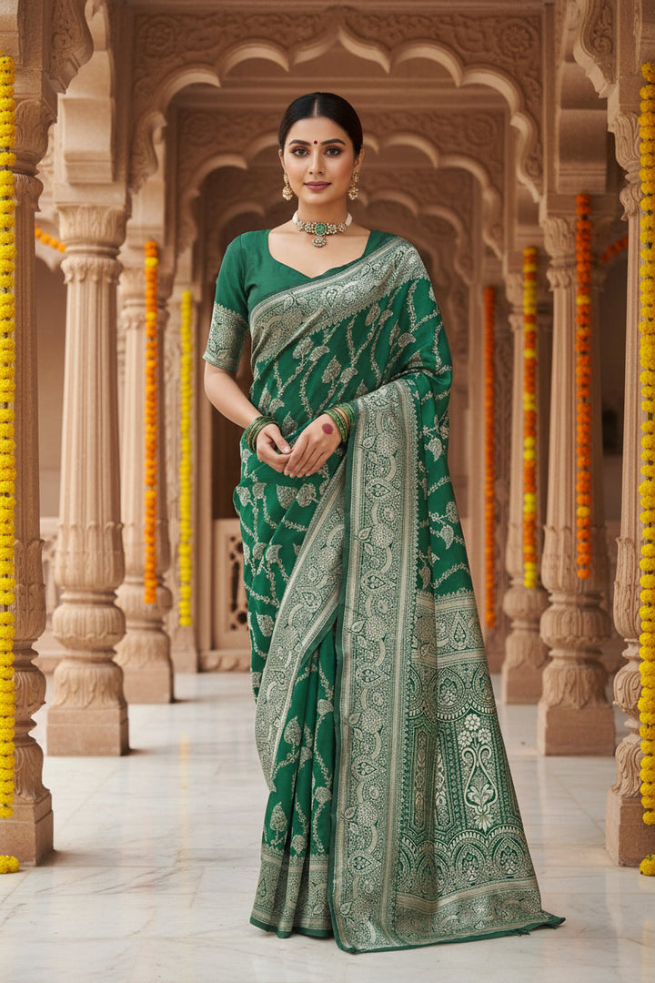 Close-up of silver zari jaal weave and pallu detail on emerald green saree