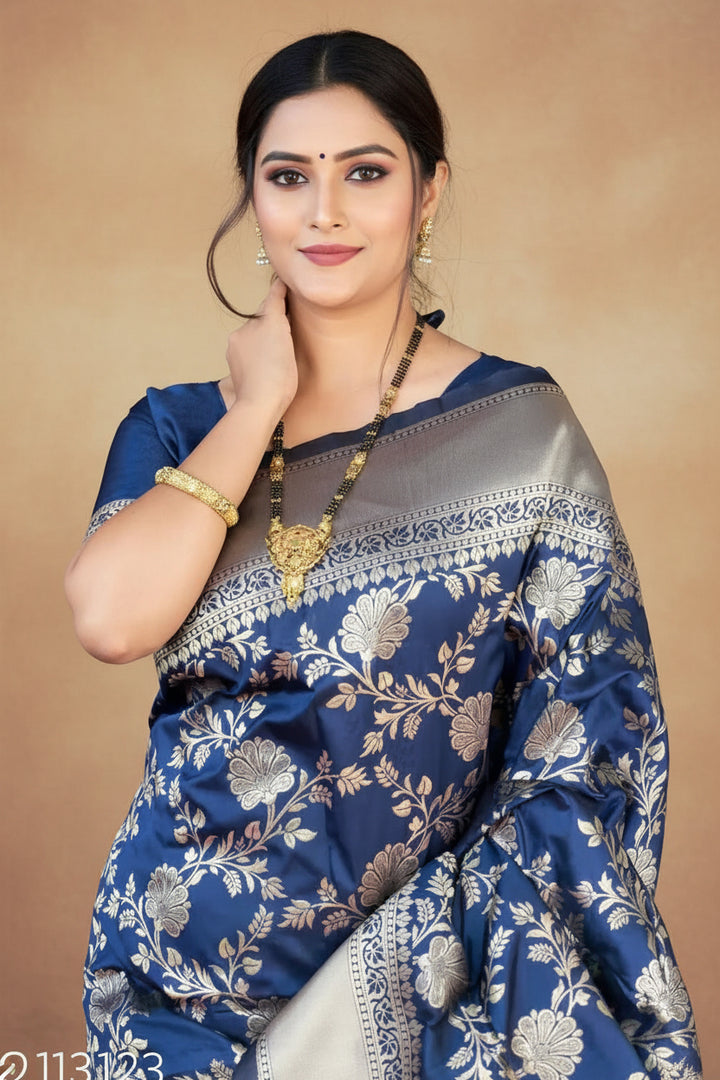 Model wearing navy blue Banarasi silk saree - full length front view