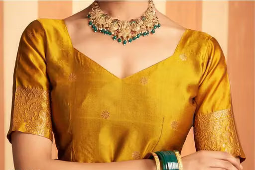 Dark Green Mustard Silk Saree - Mustard gold zari blouse close-up