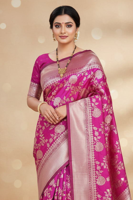 Magenta Pink Banarasi Silk Saree - Model full front drape showing silver floral jaal and rose gold pallu