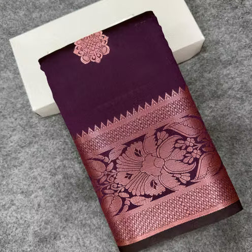 Wine purple Kanjipuram silk saree - folded box view with rose gold zari border